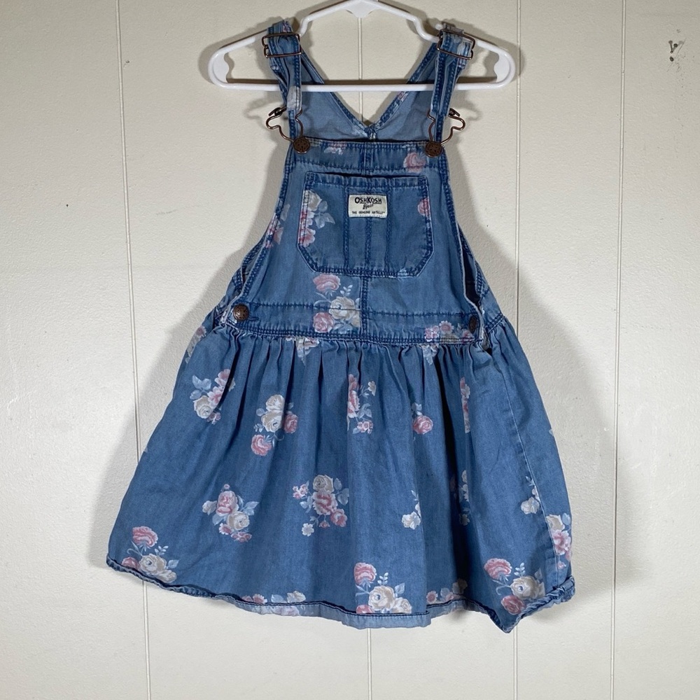 OshKosh B'gosh Blue Floral Denim Jumper dress overalls size 5T‎